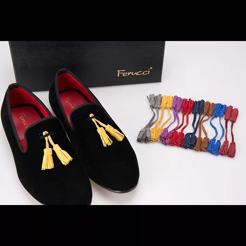FERUCCI Men Black Velvet Slippers loafers with removable Tassel 1 BLACK 1 COLOR