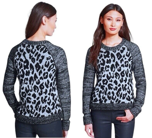 $395 White + Warren Leather Trim Top Leopard Jacquard Large 12 14 Wool B Sweater - Picture 4 of 13