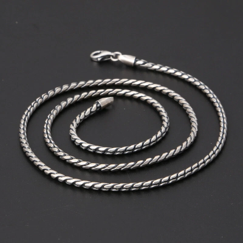 Pure S925 Sterling Silver Chain Men Women Round Snake Link Necklace