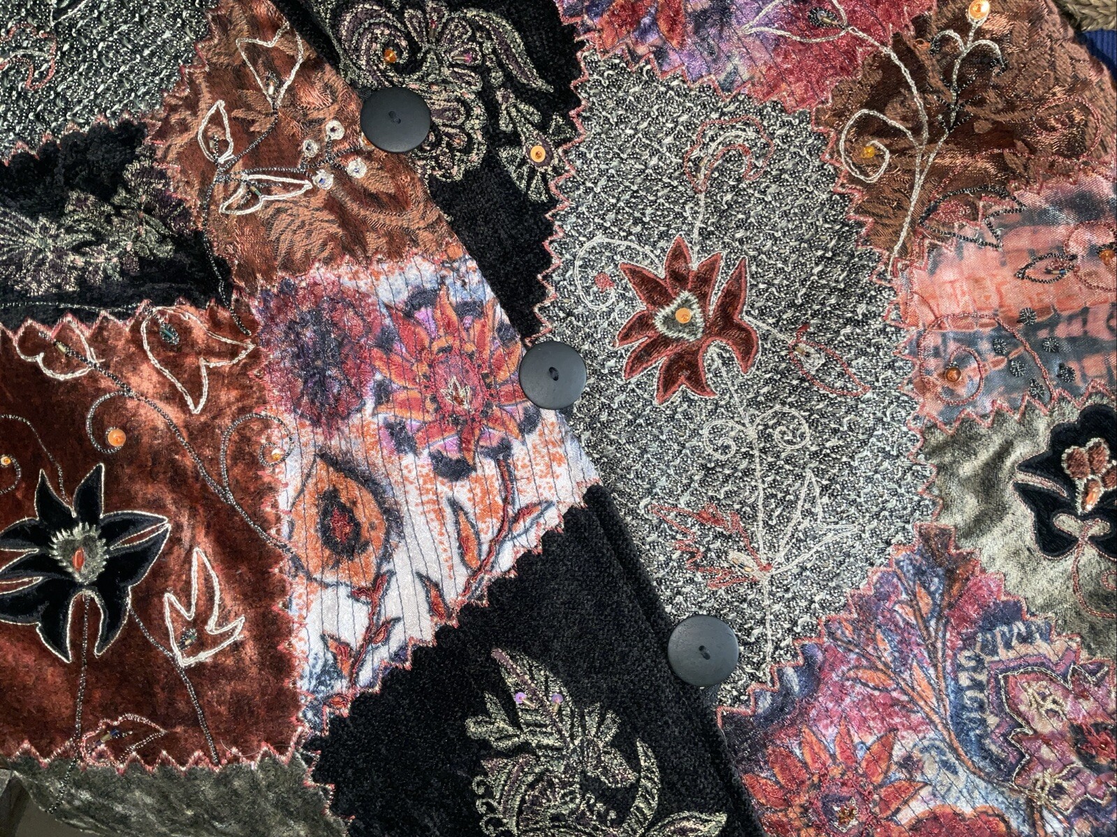 BOHO Tapestry Patchwork Blazer Jacket Beaded Embe… - image 4