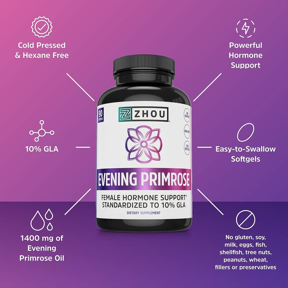 Zhou Nutrition Evening Primrose Oil Capsules, Supports Hormone Balance