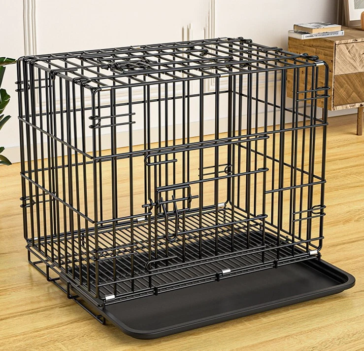 Pet Cage Dog Folding Crate Kennel Metal Tray Door Black With Pan