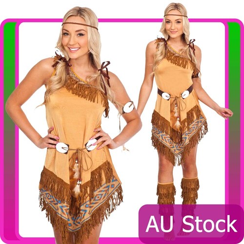 X-E3-4 Ladies Pocahontas Native American Indian Tribal Wild West Party Costume E - Foto 8