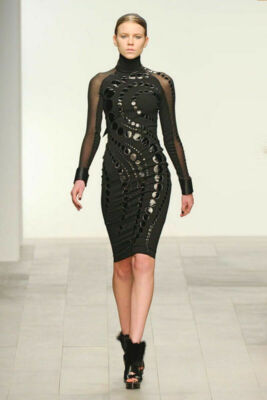 DAVID KOMA Black Leather Circles Sheer Sleeve Body Con Dress UK10 6 or UK12 8