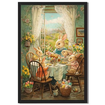 Easter Bunny Family Tea Party Wall Art Canvas Oil Paintings Reproduction