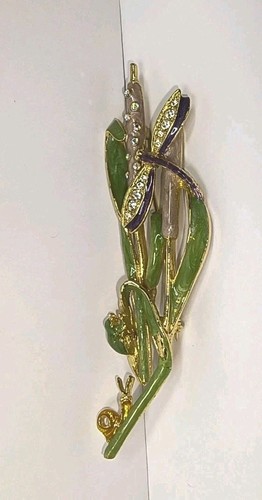 Vintage Rare Kirks Folly Green Enamel Cattail Fairy Dragonfly Brooch Frog Snail - Picture 5 of 12