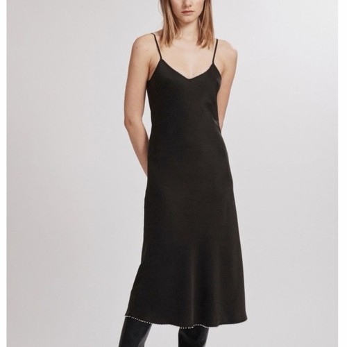 Silk Laundry Dress Size Small S 8 Charcoal Pearls Midi 90s Slip Sleeveless
