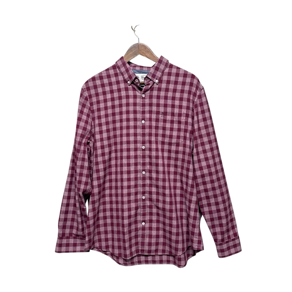Penguin Shirt Mens Size XL Burgundy Red Plaid Casual Button Up Long Sleeve Basic - Image 2 of 4