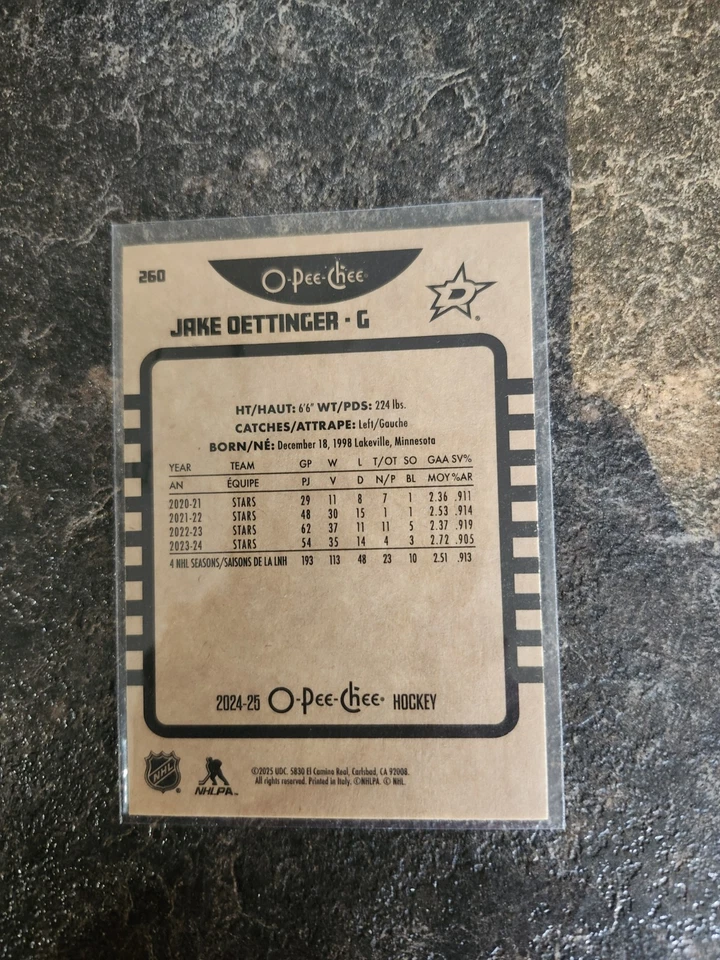 2024-25 O-Pee-Chee Retro Base Jake Oettinger Card# 260 - Image 2 of 2