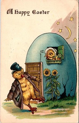 1911 Easter Postcard Anthropomorphic Chick Egg House Germany Funny Comic
