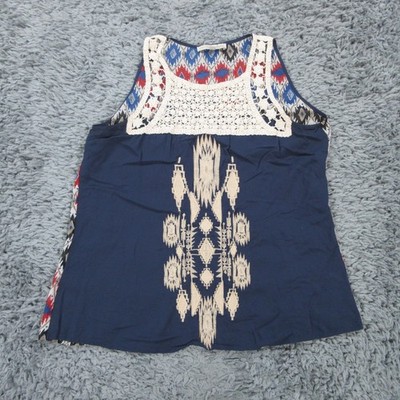 Young Threads Top Womens Large Blue Embroidered Lace Geometric Lightweight Tank
