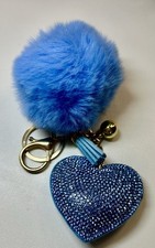 RHINESTONE LIGHT BLUE HEART WITH PUFFY BALL KEYCHAIN BAG CHARM