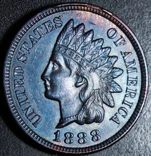 1888 INDIAN HEAD CENT  - AU UNC - With RARE BLUE & PURPLE TONING!