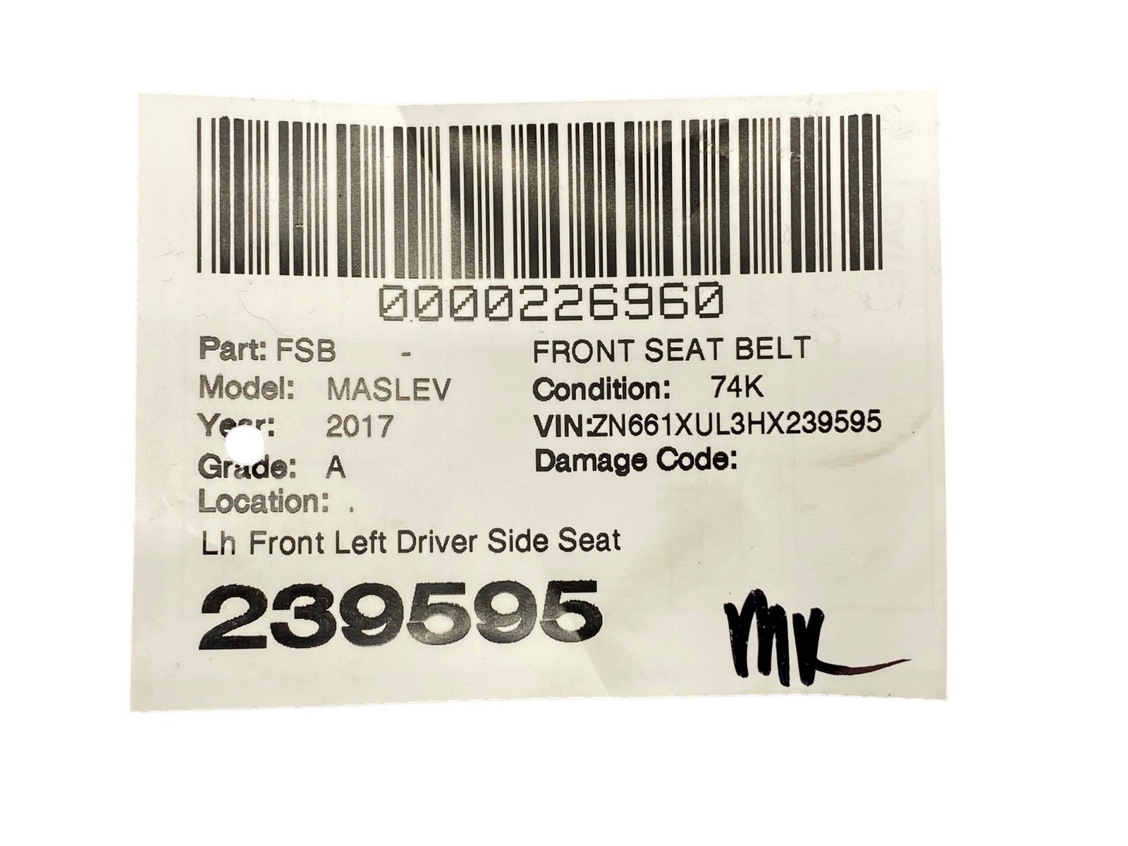 2017-2024 Maserati Levante M161 Front Left Seat Belt Retractor W/ B Pillar Trim