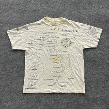 Hanes T-Shirt Mens Size L Cream Caribbean Map All Over Print Vintage USA Made