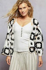 POL Crochet Cardigan Black Multi Open Front with Geometric Floral Patterns