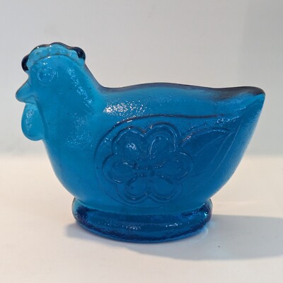 Wheaton Ware Glass Chicken Bookend Blue Or Paperweight Vintage W Flower