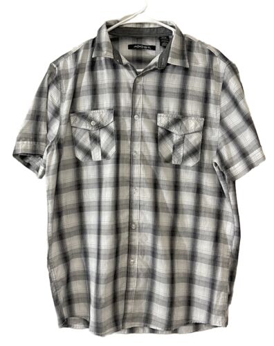 Axist Men Button Down Plaid Short Sleeve Shirt Medium Gray White lightweight