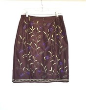 NY CO Chocolate Brown Pure silk Embroidered Women's Below Knee Skirt Size 10