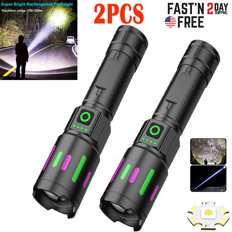 2Pack 9900000LM Super Bright LED Tactical Flashlight Rechargeable LED Work Light