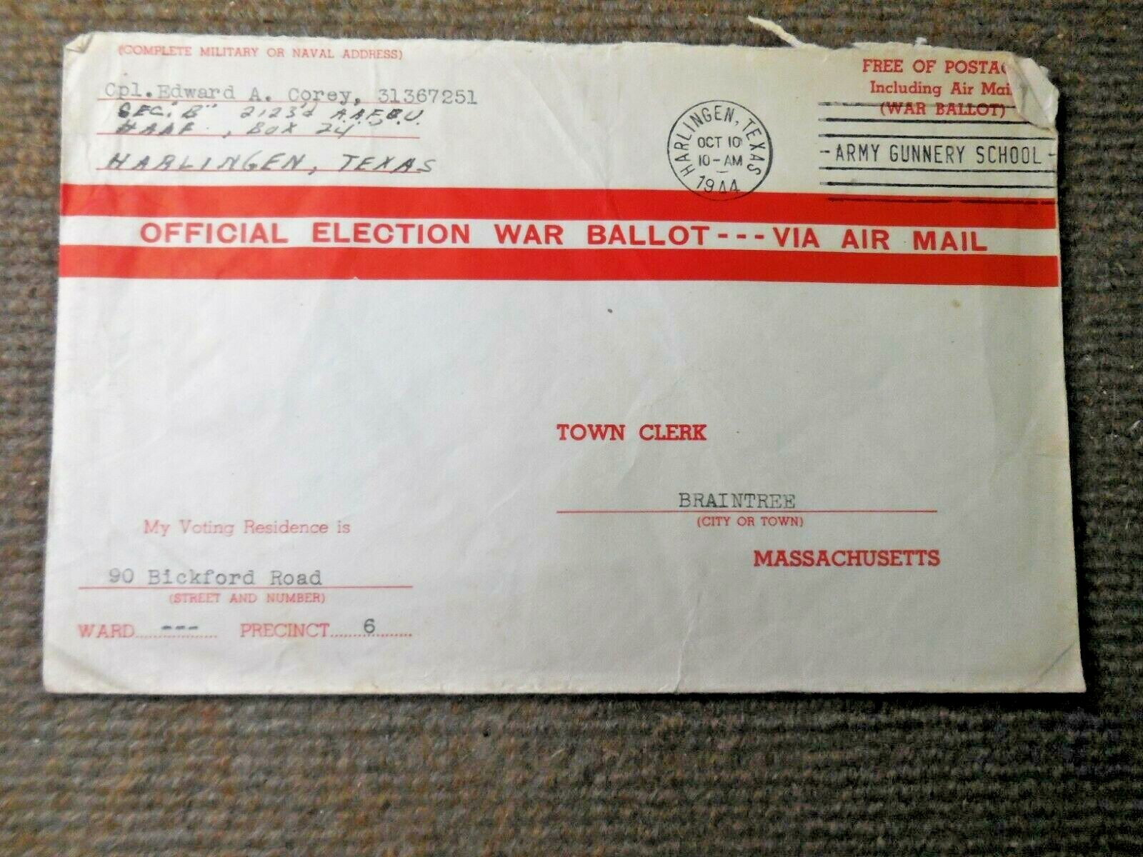 Vintage 1944 WW II Army Gunnery School Harlingen TX Election Ballot Envelope