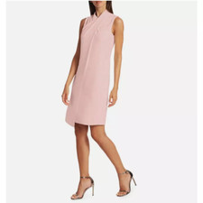 $295 Halston Barely Pink Mock Neck Crossover Panel Front Shift Dress 2 H358