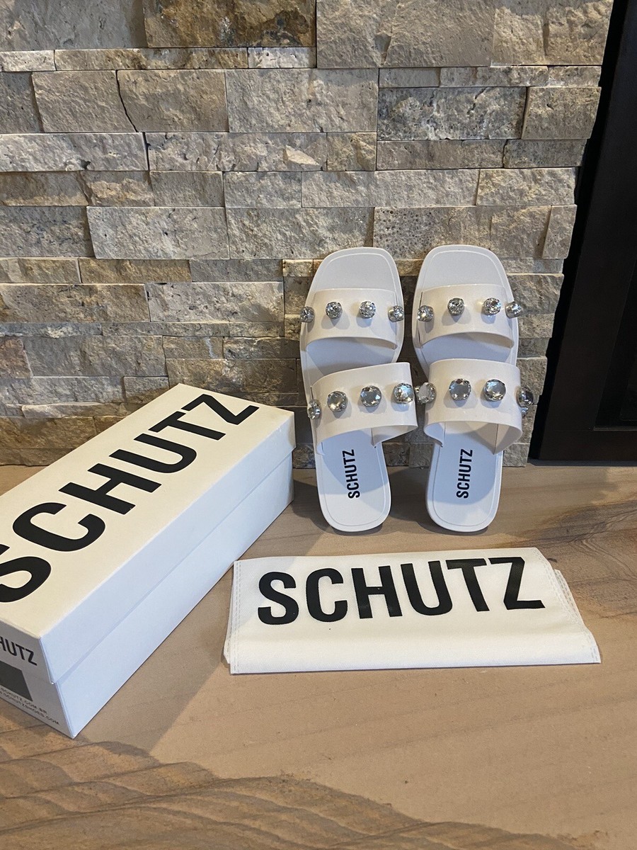 Schutz sandals Slides White Lizzie crystal two band Women's Size