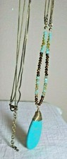 TWOTONE METAL RND/& BOX LINK STRAND NECKLACE AQUA STONE FACETED BEADS 35GM
