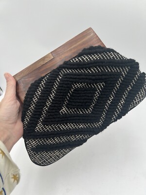 Lovestitch Crochet Wood Handle Jute Clutch in Boho Hippy Black White Pattern
