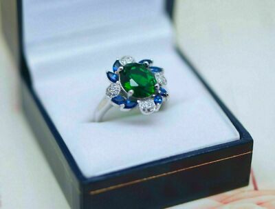3Ct Oval Cut VVS1D Green Emerald Art Deco Vintage Ring 14K White Gold Finish
