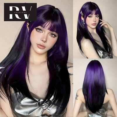 Cosplay wig women's Black Purple Ombre hair large wavy long Straight Hair 