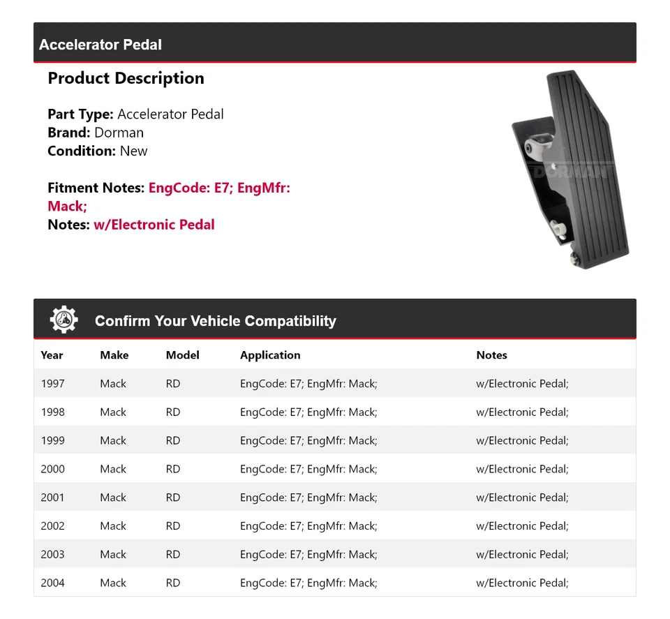 For 1997-2004 Mack RD Dorman Accelerator Pedal 1998 1999 2000 2001 2002 2003 - Image 2 of 4