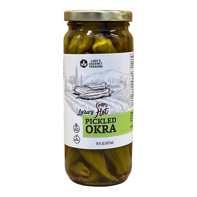 Lara's Crisp and Hot Pickled Okra   16 fl oz   Zesty Southern Style