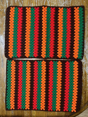 2 Vintage 1970s Handmade Crochet Granny Placements Table Dresser Scarf 