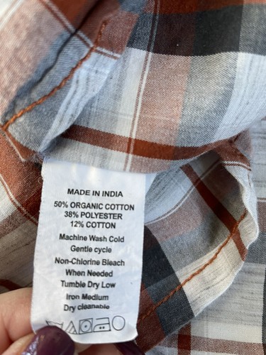 prAna Top Uomo Tamarack Tg L Hennè Plaid SS Bottone Frontale Camicia Cotone Organico - Foto 9 di 9