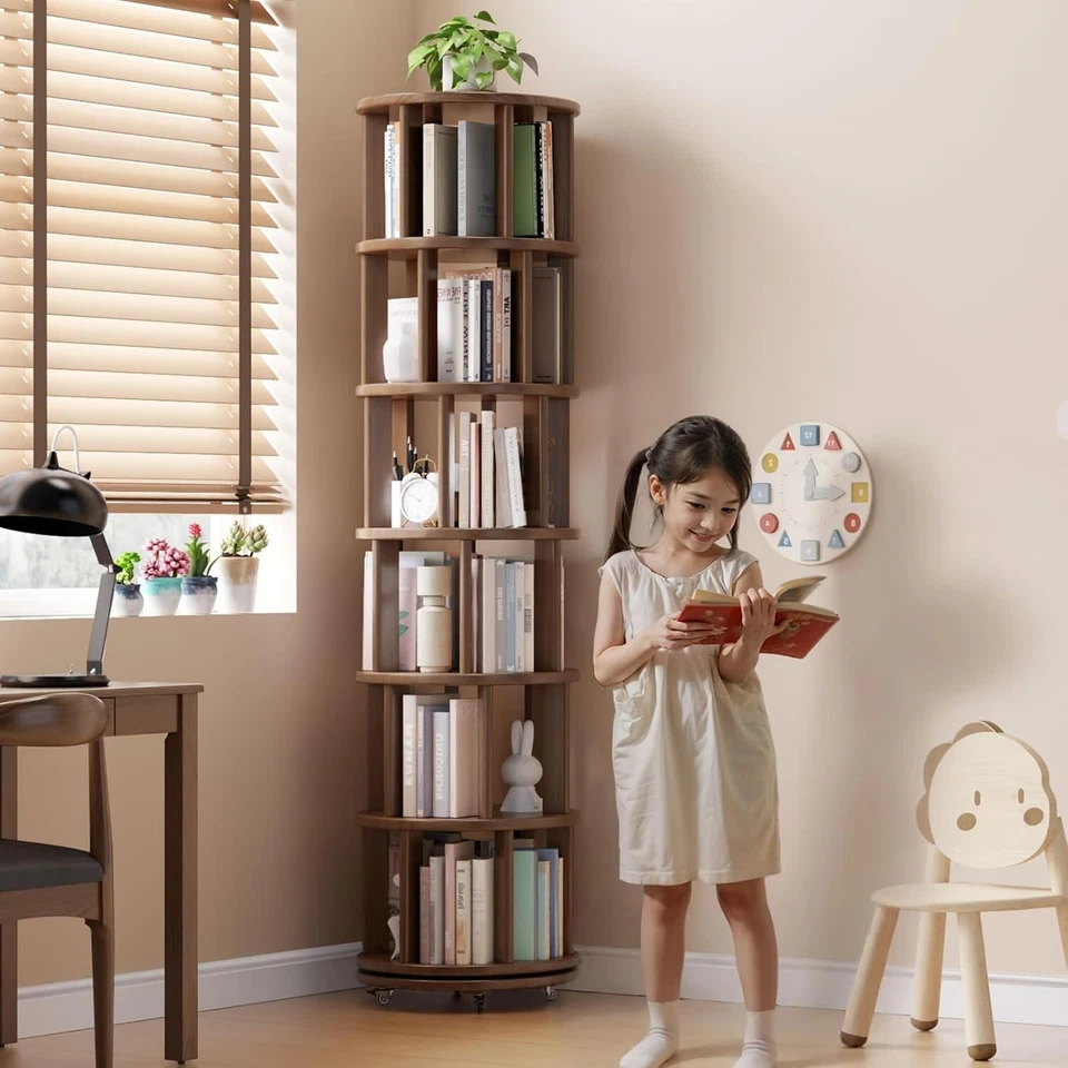 Estante giratória de madeira maciça sobre rodas, 6 camadas, estante giratória redonda, 36... - Imagem 2 de 4