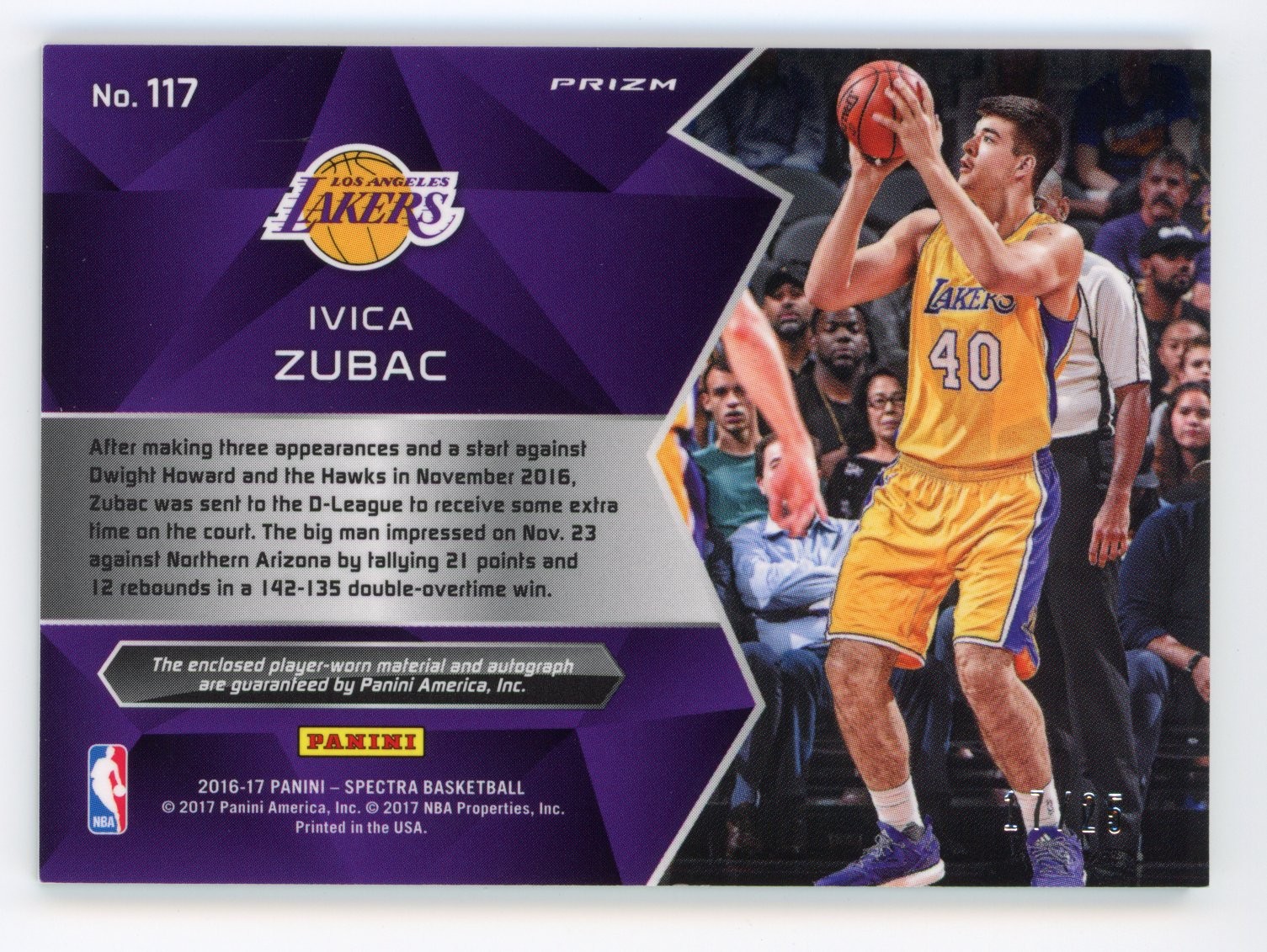 2016-17 PANINI SPECTRA #117 IVICA ZUBAC /25 RC AUTO GREEN PRIZM RPA PATCH LAKERS view 2