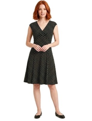 Chaps Womens Dress PL Black Polka Dot Empire Waist Fit Flare Stretch V-Neck  | eBay