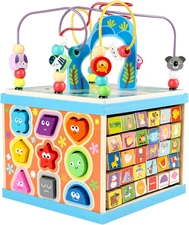 Wooden Activity Cube for Toddlers, 5 in 1 Multipurpose ABC-123 Abacus Early Educ