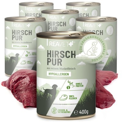 REAVET Hundenassfutter   Hirsch PUR aus Muskelfleisch, Hypoallergen, Nassfutter