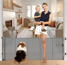 28" Tall Retractable Dog Gate, 55" Wide Reinforced Retractable Baby Gate-Gray