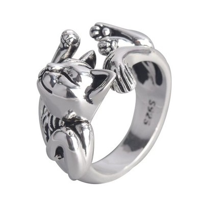 Vintage Silver Lazy Cat Ring for Women Men Adjustable 925 Sterling Silver Rin...