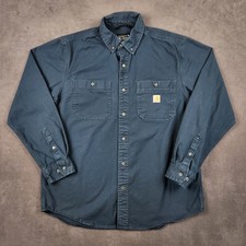 Carhartt Rugged Flex Long Sleeve Work Shirt Mens Large Navy Long Sleeve Button