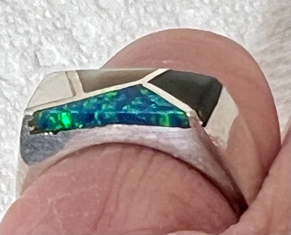 Anillo de plata de ley 925 para hombre con incrustaciones de madreperla, ónix negro talla 8 Foto 3 de 4
