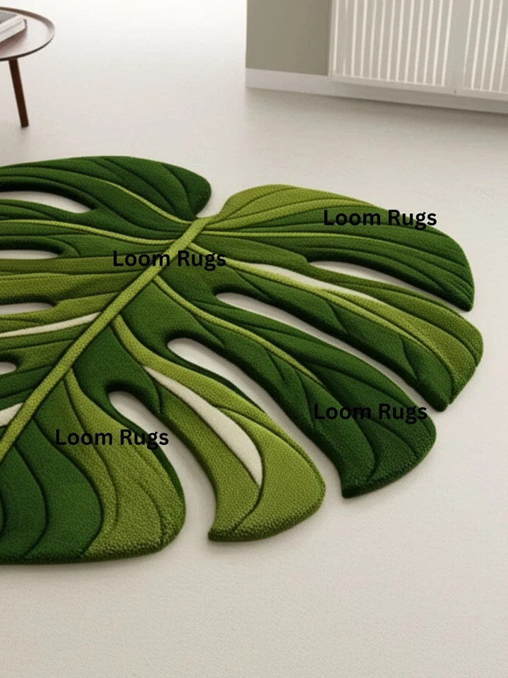 Alfombra acolchada verde hecha a mano con forma de hoja Monstera - Alfombra botánica moderna Foto 3 de 3