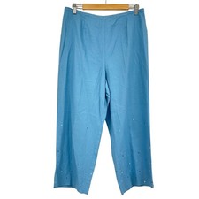Vintage Blue Linen Wide Leg Pull On Pants Polka Dot L
