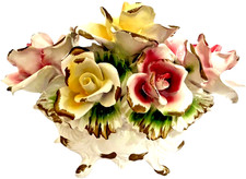 Vintage Capodimonte Italian Porcelain Pink and Yellow Seven Rose Centerpiece