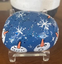 Hand Painted Rock "Sparkling Circle Snowman” Collectible Garden Decor Art Gift
