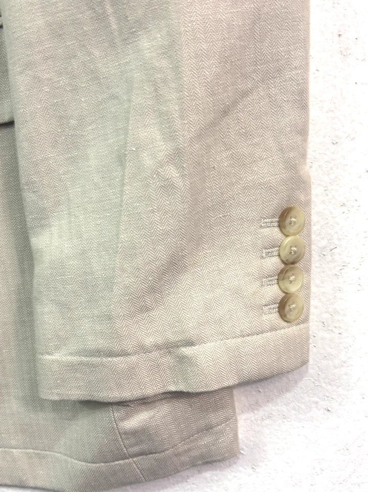 全新 Perry Ellis 46R 亚麻棉西装外套 运动西装外套 米色 人字形 — 第 2/4 张图片