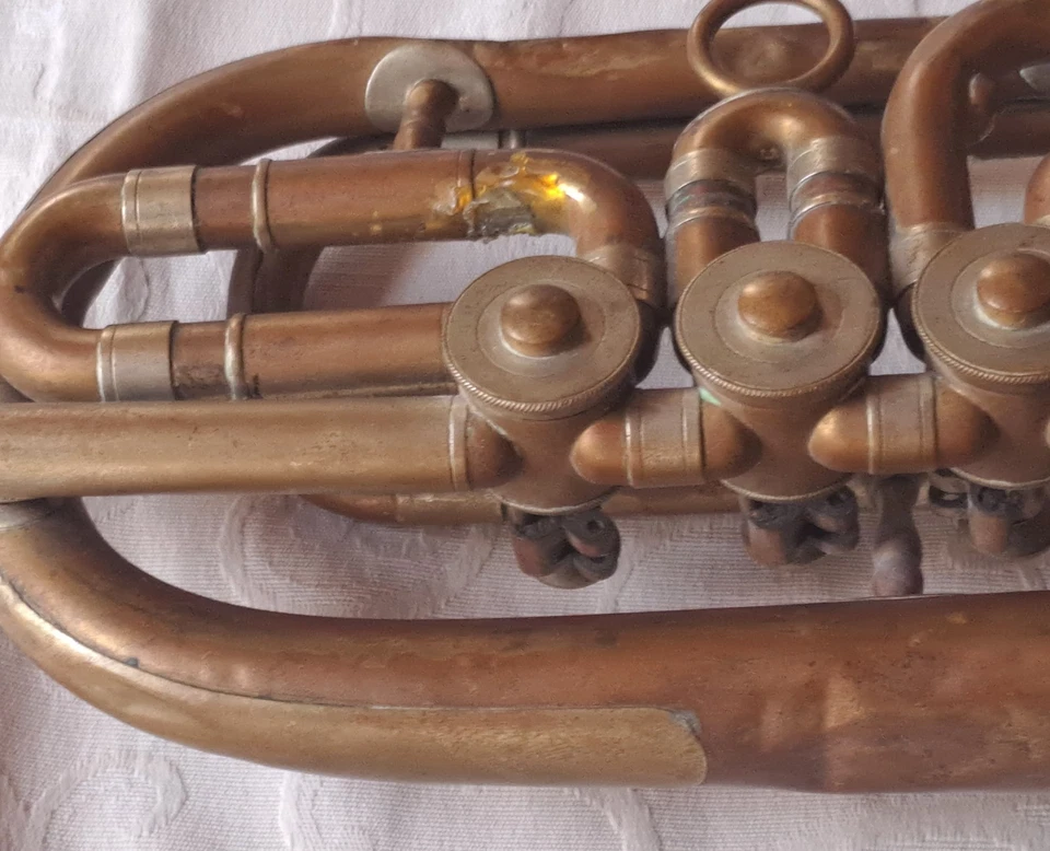 19 / 20 Jahrhundert Trompete antik Willy Köstler Graslitz Böhmen Messing - Bild 4 von 4